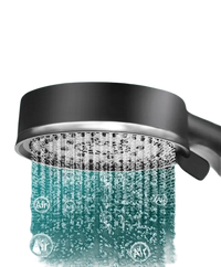 Black shower head with aerated water flow.