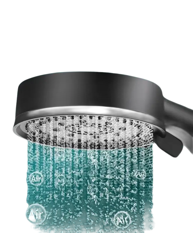 Black shower head with aerated water flow.