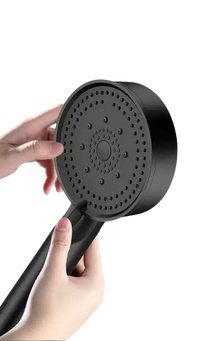 Black handheld rain shower head.