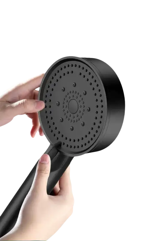Black handheld rain shower head.