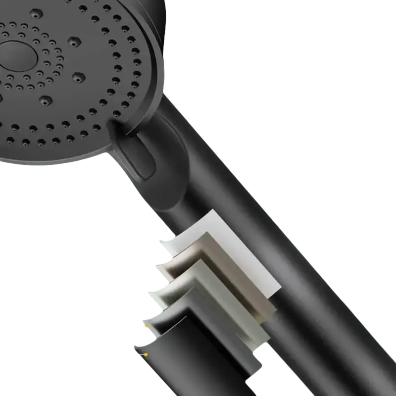 Black shower head with multiple paint layers.