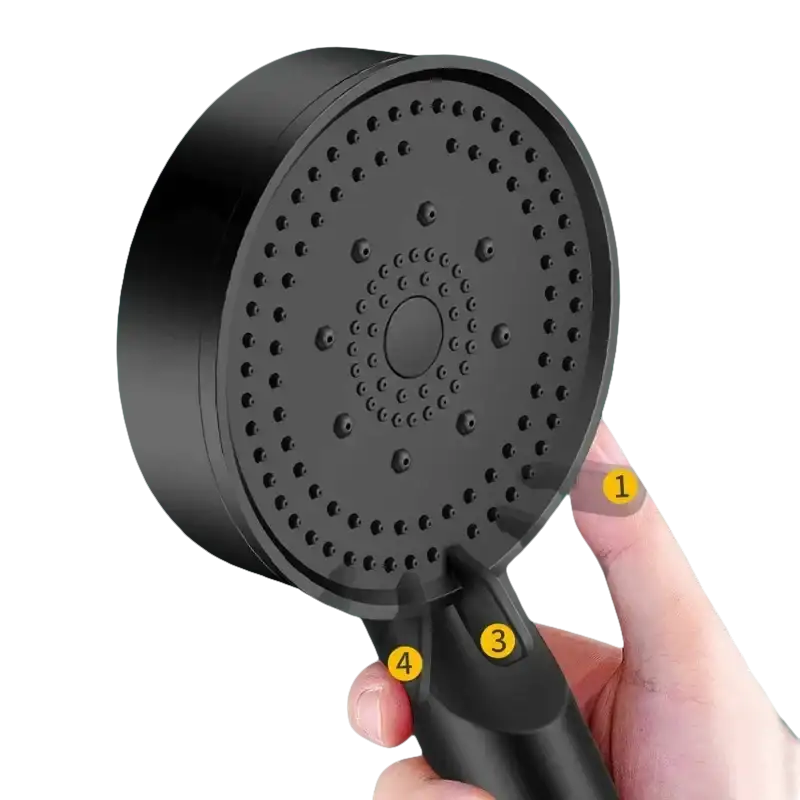 Black shower head with multiple spray settings.