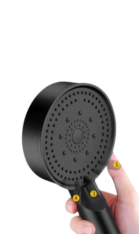 Black shower head with multiple water outlets.