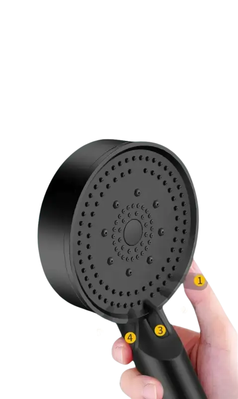 Black shower head with multiple water outlets.