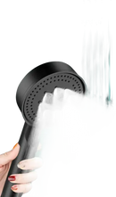 Black shower head spraying water.