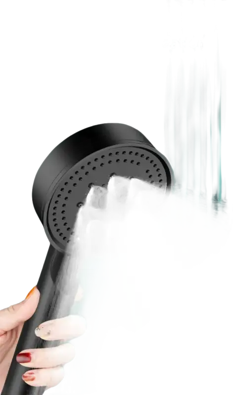 Black shower head spraying water.