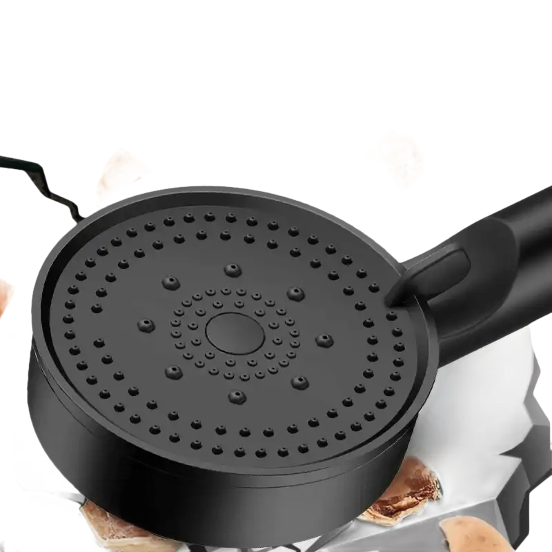 Black shower head with wear and impact resistance.
