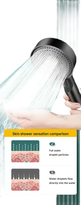 Handheld shower head with water stream.