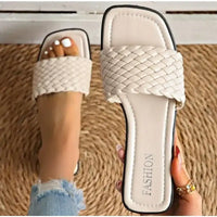 New Women’s Slippers Summer Selling Sexy Braided Red Square Toe Flat Flip-Flops Fashion Beach Mules Casual Indoor Home