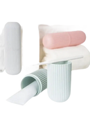 Pastel-colored toothbrush and toothpaste travel containers from Vertibrush Travel Kit