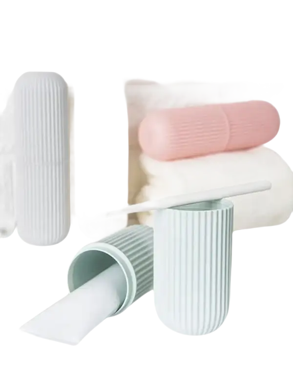Pastel-colored toothbrush and toothpaste travel containers from Vertibrush Travel Kit