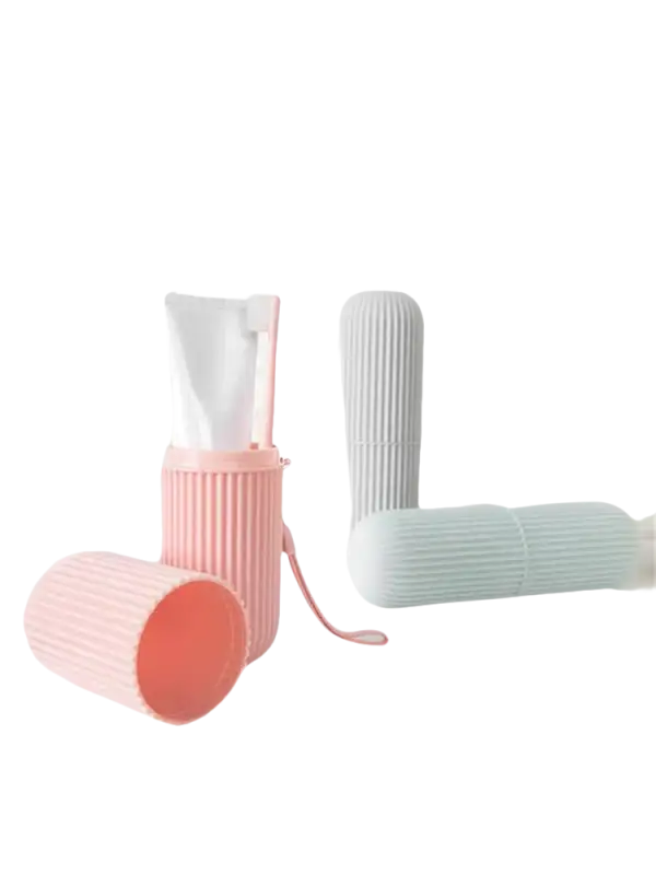 Pastel-colored toothbrush and toothpaste containers in Vertibrush Travel Kit for on-the-go brushing