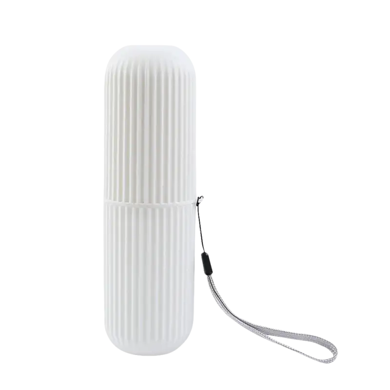 White ribbed toothbrush case with lanyard from Vertibrush Travel Kit perfect for on-the-go brushing