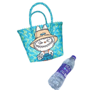 Blue and green woven tote bag with cartoon character.