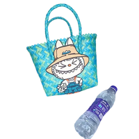 Blue and green woven tote bag with cartoon character.