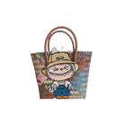Woven tote bag with cartoon rabbit patch.