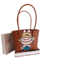 Brown woven tote bag with cartoon patch.
