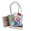 Woven blue and yellow tote bag with cartoon character.