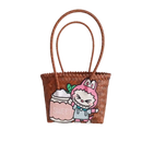 Brown woven tote bag with cartoon patch.