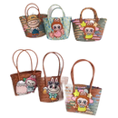 Handwoven straw bags with cartoon character embellishments.