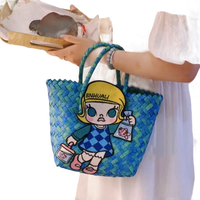 Blue woven tote bag with cartoon patch.