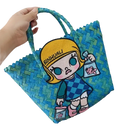 Blue woven tote bag with cartoon girl.