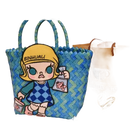 Blue woven tote bag with cartoon patch.