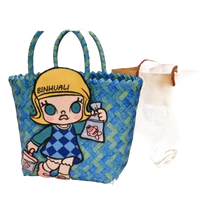 Blue woven tote bag with cartoon patch.