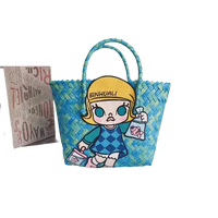 Blue woven tote bag with cartoon girl.