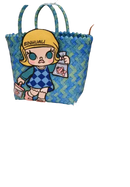 Blue woven tote bag with cartoon character.