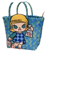 Blue woven tote bag with cartoon character.