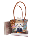 Woven tote bag with cartoon patch.