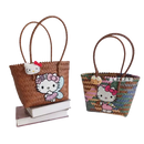 Woven straw tote bags with Hello Kitty embellishments.