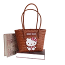 Brown woven handbag with Hello Kitty design.
