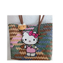 Woven tote bag with Hello Kitty embellishments.