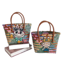 Two woven tote bags with cartoon patches.