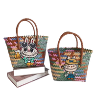 Two woven tote bags with cartoon patches.