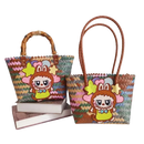 Two woven tote bags with cartoon character embellishments.