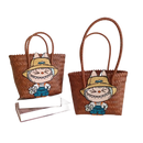 Two brown woven tote bags with cartoon rabbit patches.