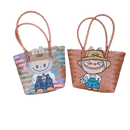 Two woven tote bags with cartoon character appliqués.