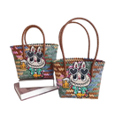 Two woven tote bags with cartoon bunny patches.