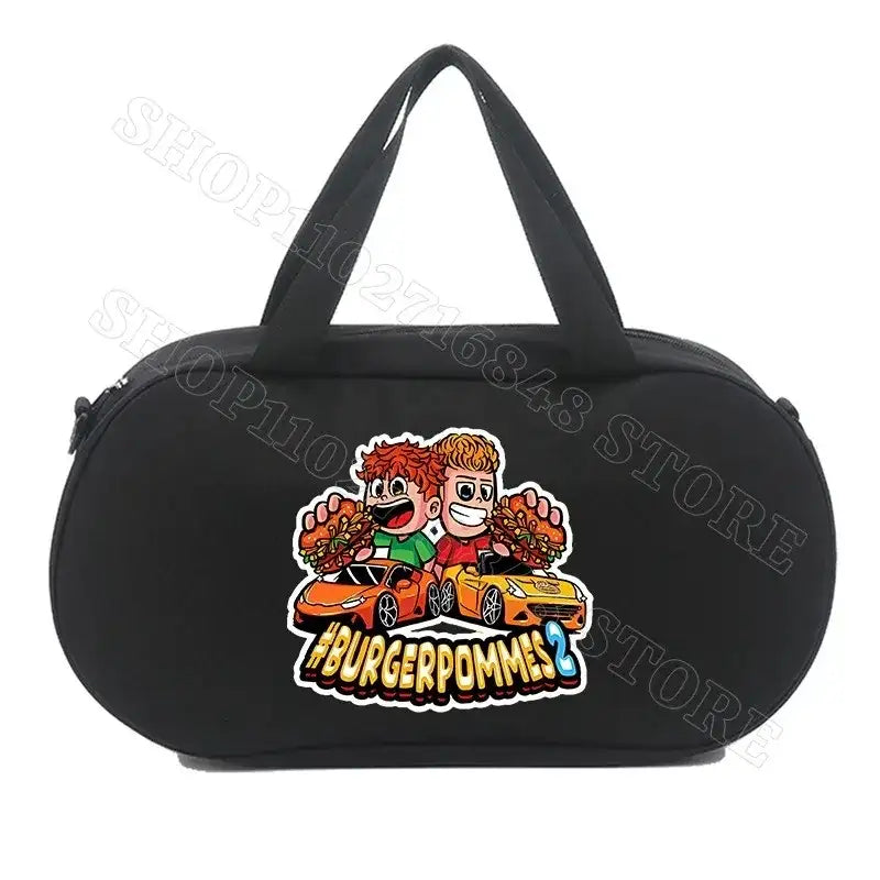 Black duffel bag with cartoon graphic.