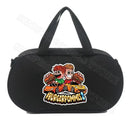 Black duffel bag with cartoon graphic.