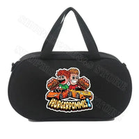 Black duffel bag with cartoon graphic.