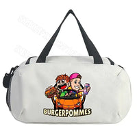 White duffel bag with cartoon graphic.