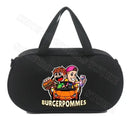 Black duffel bag with cartoon graphic.