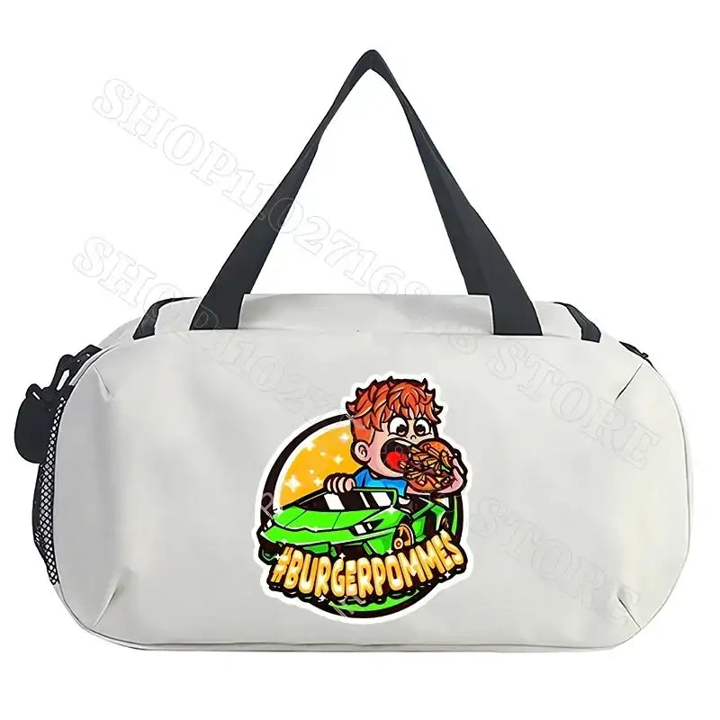 White duffel bag with cartoon graphic.