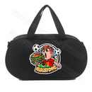 Black duffel bag with cartoon graphic.
