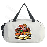 White duffel bag with cartoon graphic.