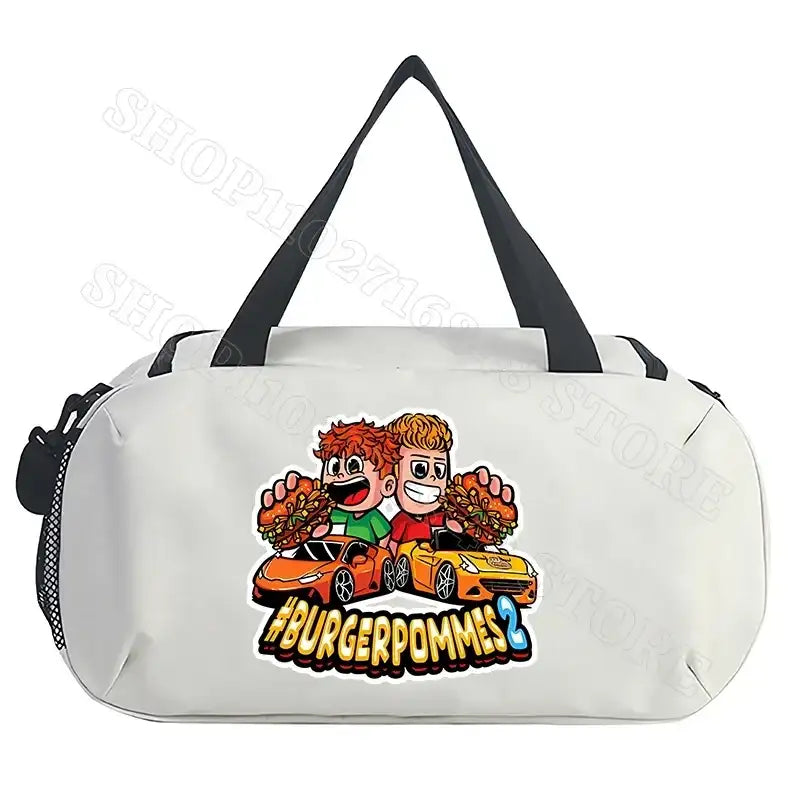 White duffel bag with cartoon graphic.